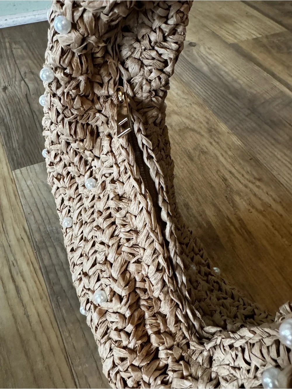 NWOT Haute Hippie Straw Pearl-Embellished Woven Shoulder Hobo Bag in Natural Tan